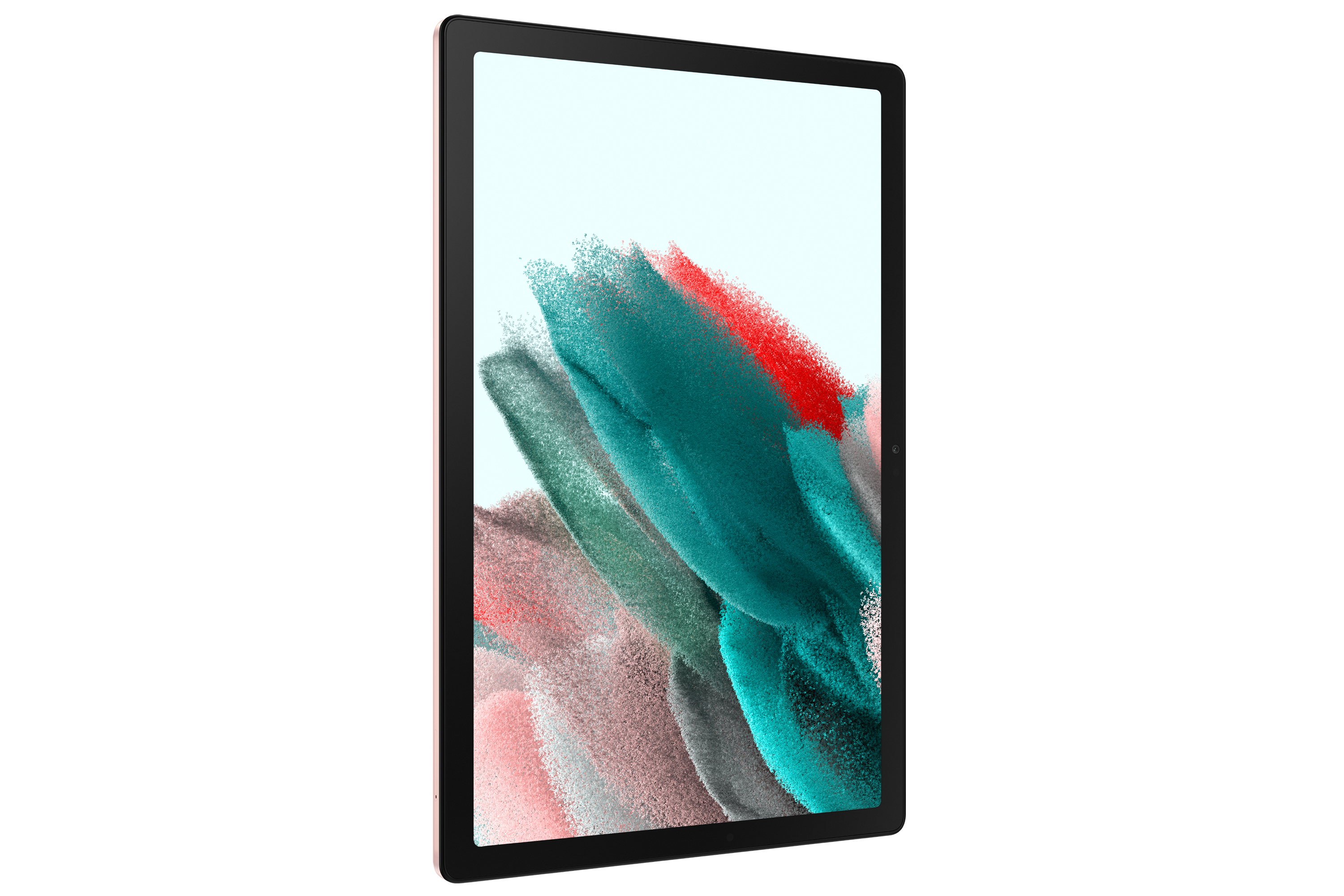 Una tableta con marco rojo se inclina, mostrando un arte abstracto colorido en la pantalla.