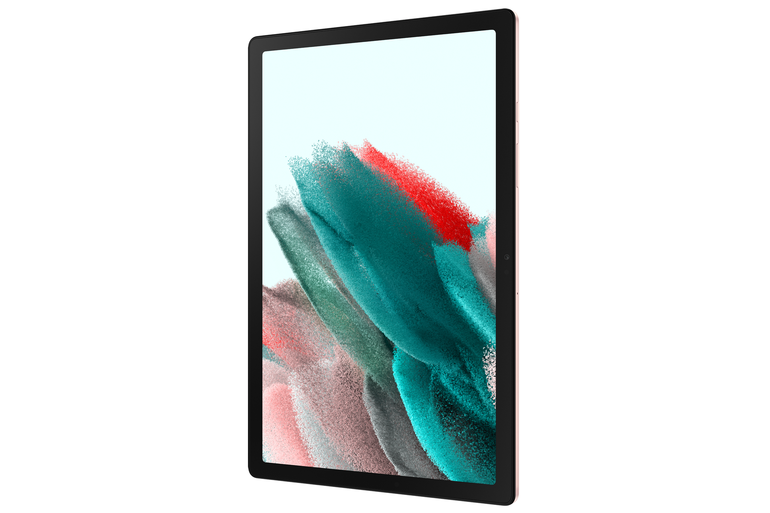 Tableta con fondo abstracto colorido en la pantalla, marco negro y cámara.