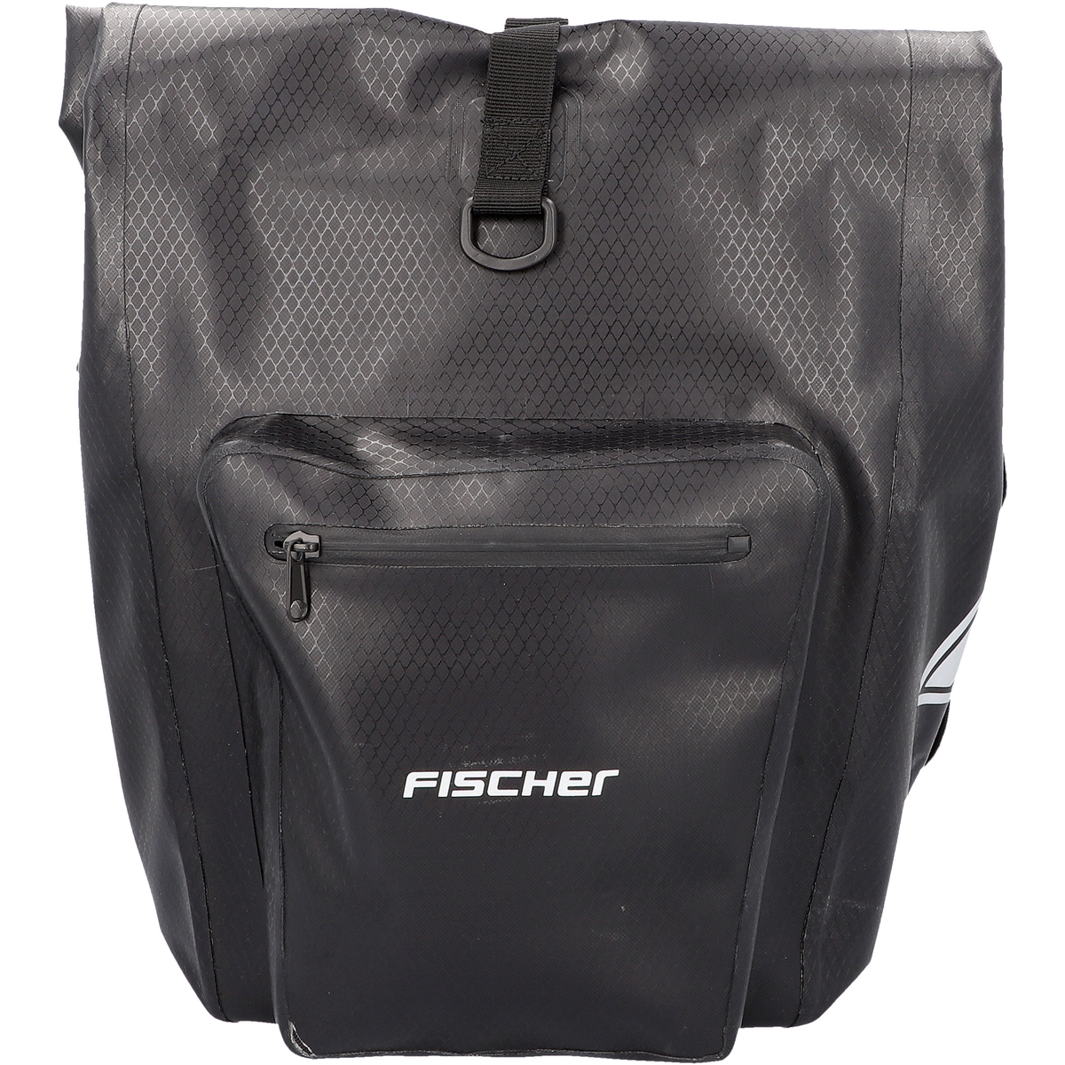 Schwarze wasserdichte Fahrradtasche mit Tasche und dem Wort FISCHER. Hat einen Riemen.
