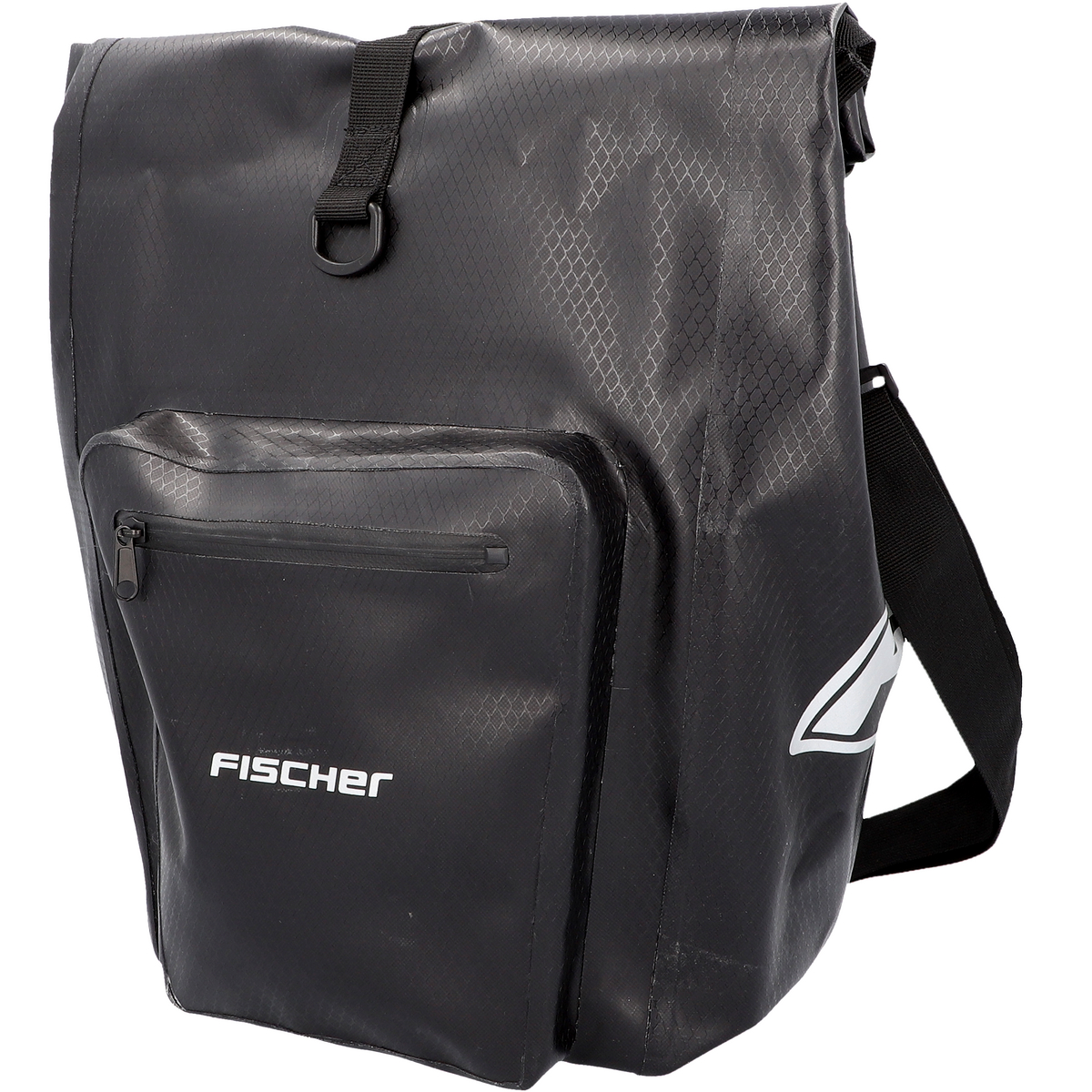 Schwarze wasserdichte Fahrradtasche mit Tasche und dem Wort 'FISCHER' darauf.