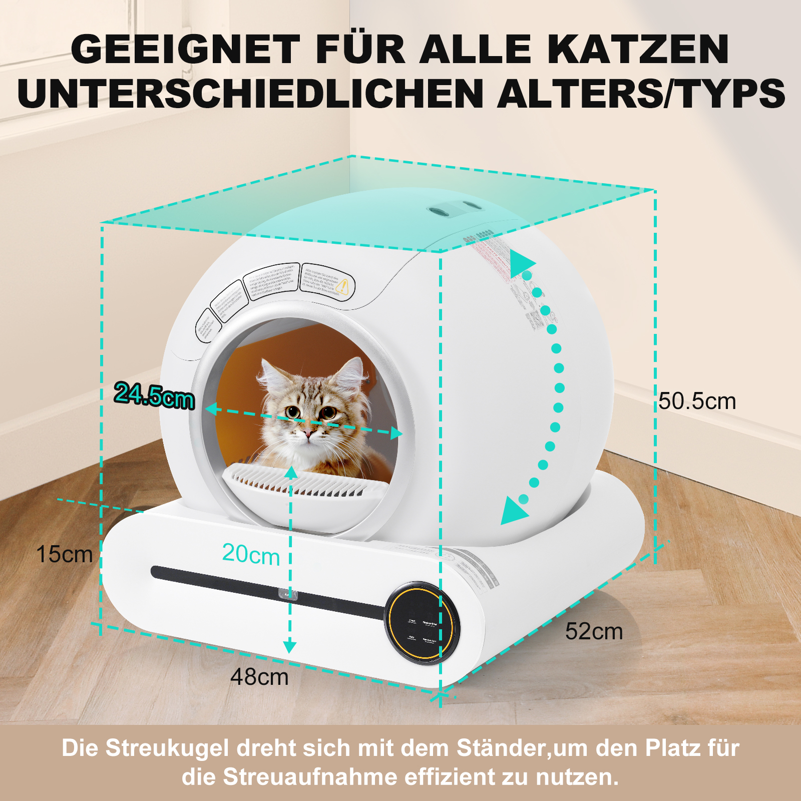 Weiße Katzenstreu-Box mit Katze darin. Abmessungen sind beschriftet. Text: Geeignet für alle Katzen.