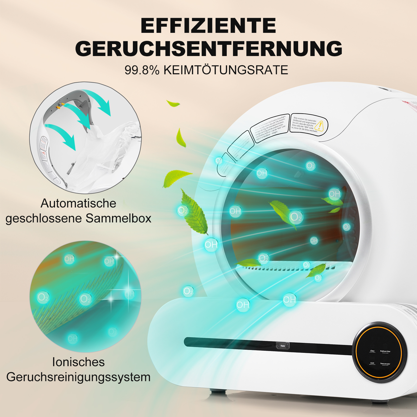 Eine weiße Maschine mit Text und Grafiken zur Luftreinigung. Es hat einen kreisförmigen Lufteinlass und Bedienelemente.