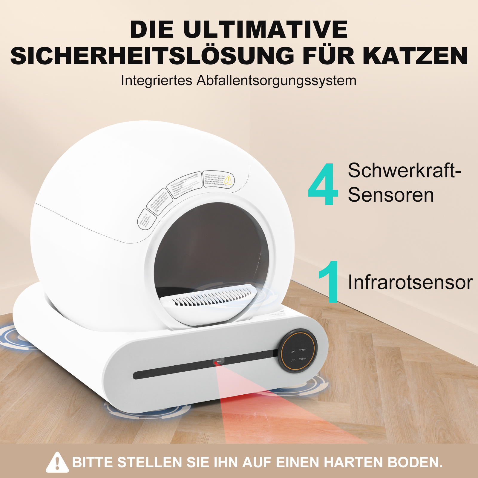 Weißer Katzenstreu-Box. Text auf Deutsch beschreibt die Eigenschaften des Produkts.