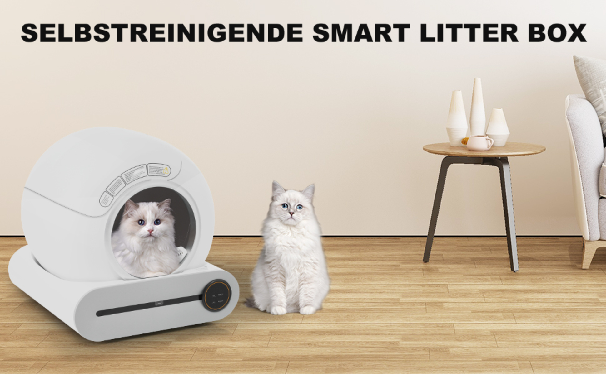 Eine weiße, selbstreinigende intelligente Katzentoilette mit zwei Katzen. Eine Katze ist drinnen, eine draußen.