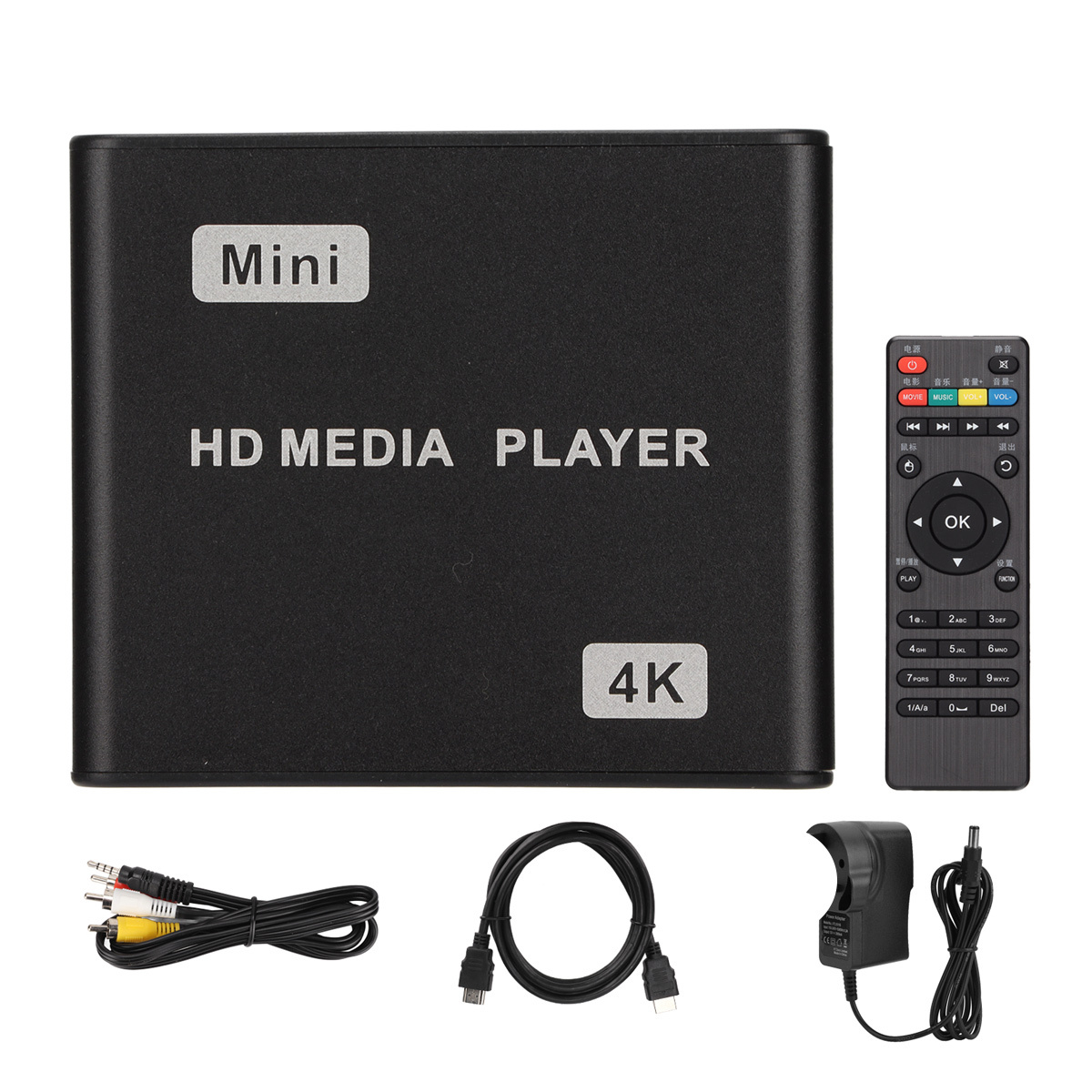 Schwarzer HD-Mediaplayer mit Fernbedienung, Kabeln und Netzteil.