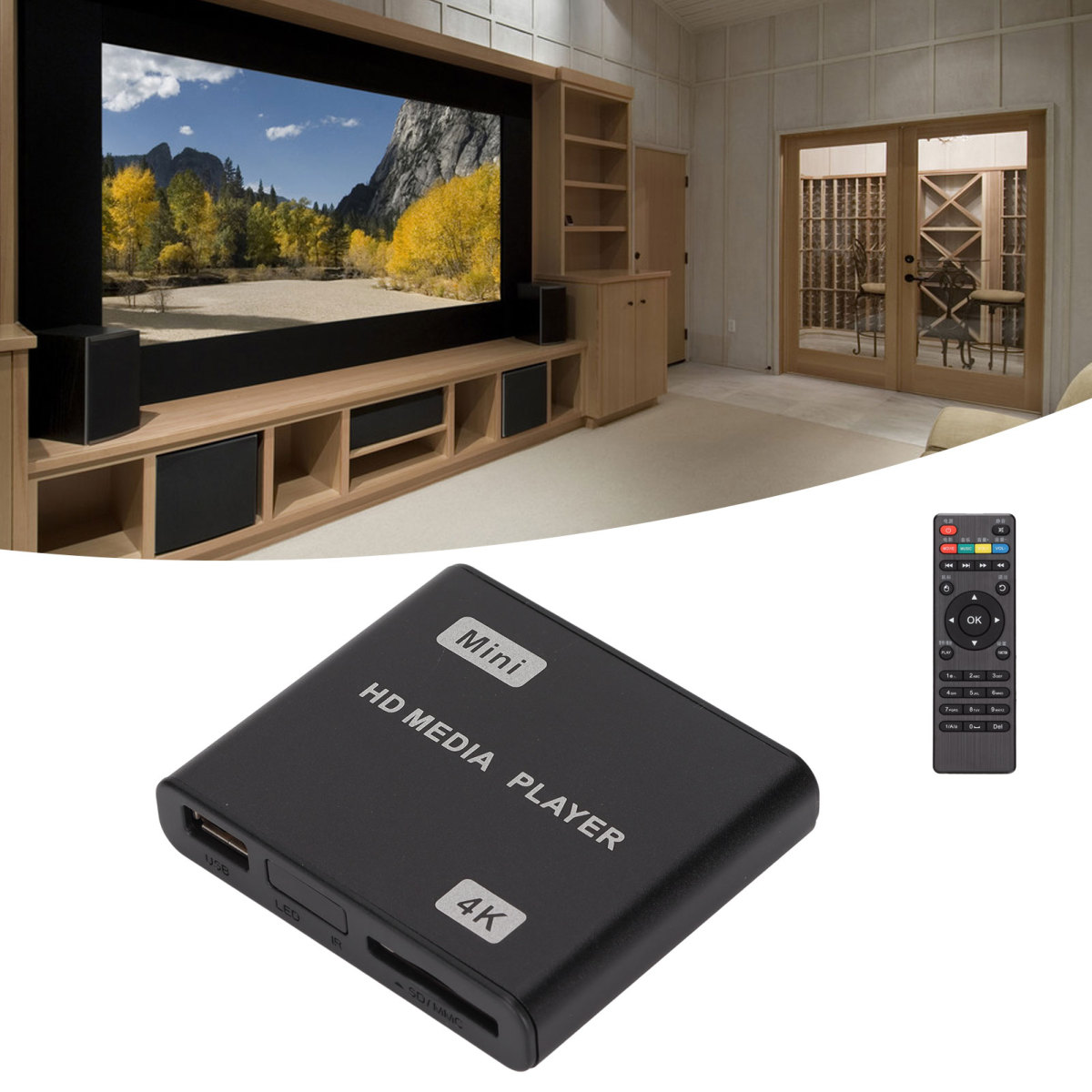 Ein schwarzer Mini-HD-Mediaplayer mit Fernbedienung und großem Bildschirm mit einer Waldszene darauf.