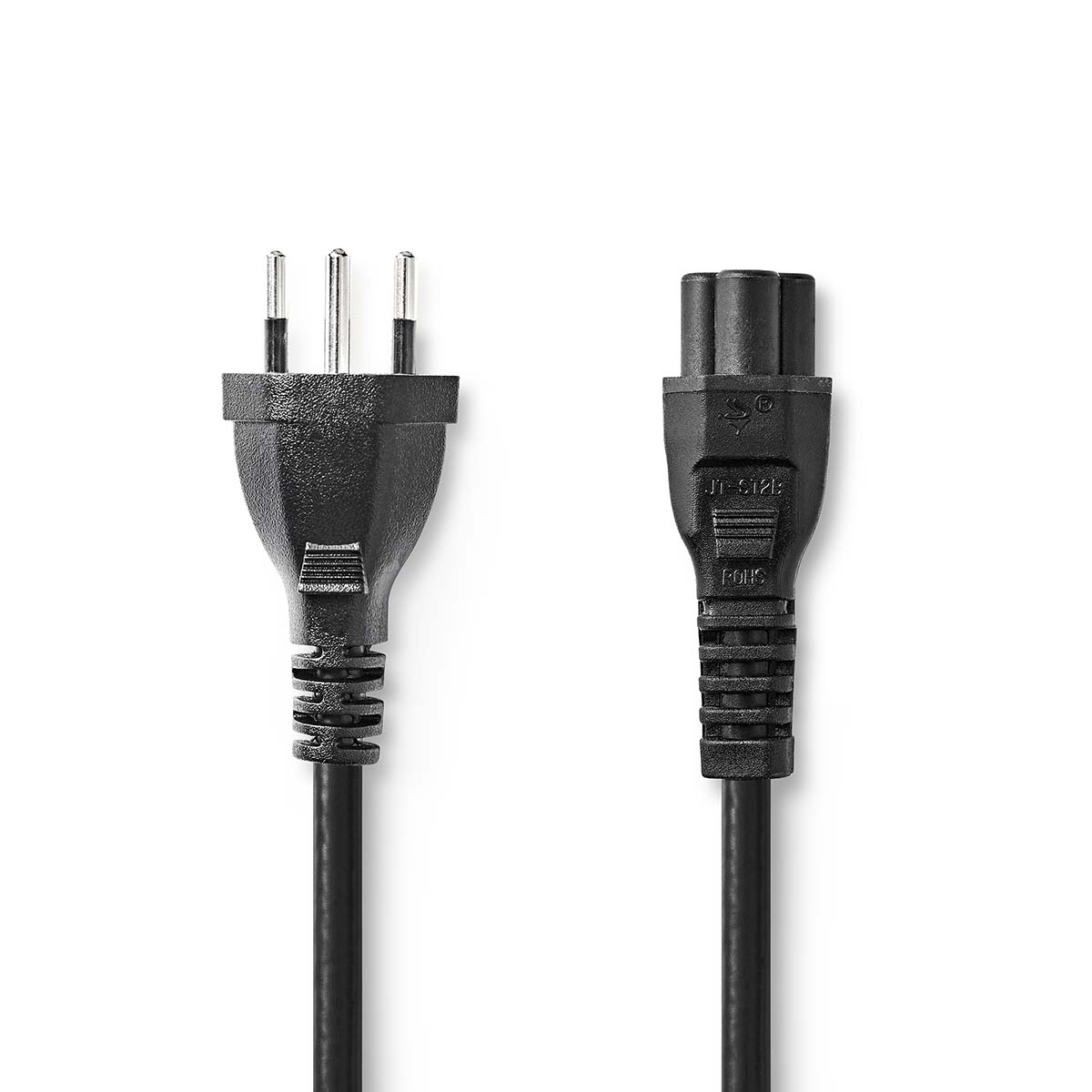 Enchufe y conector negros sobre fondo blanco. El enchufe tiene tres clavijas.