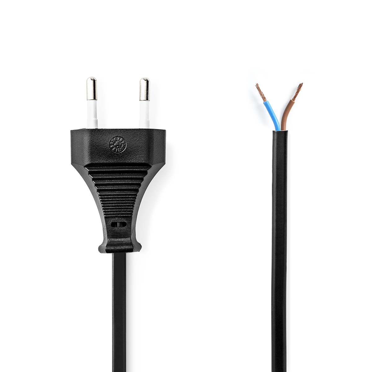 A black power plug and a black cable with cut wires.