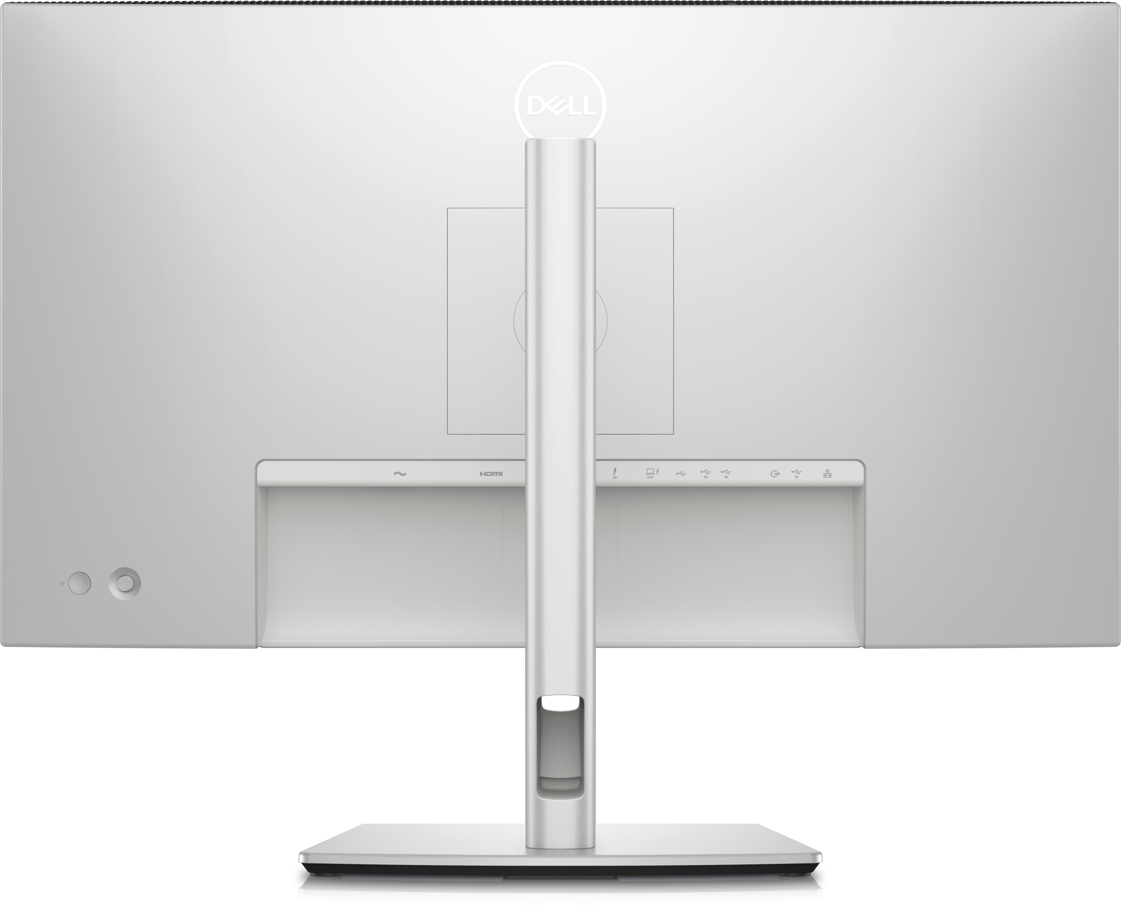 Tył srebrnego monitora Dell ze stojakiem. Porty obejmują HDMI i zasilanie.