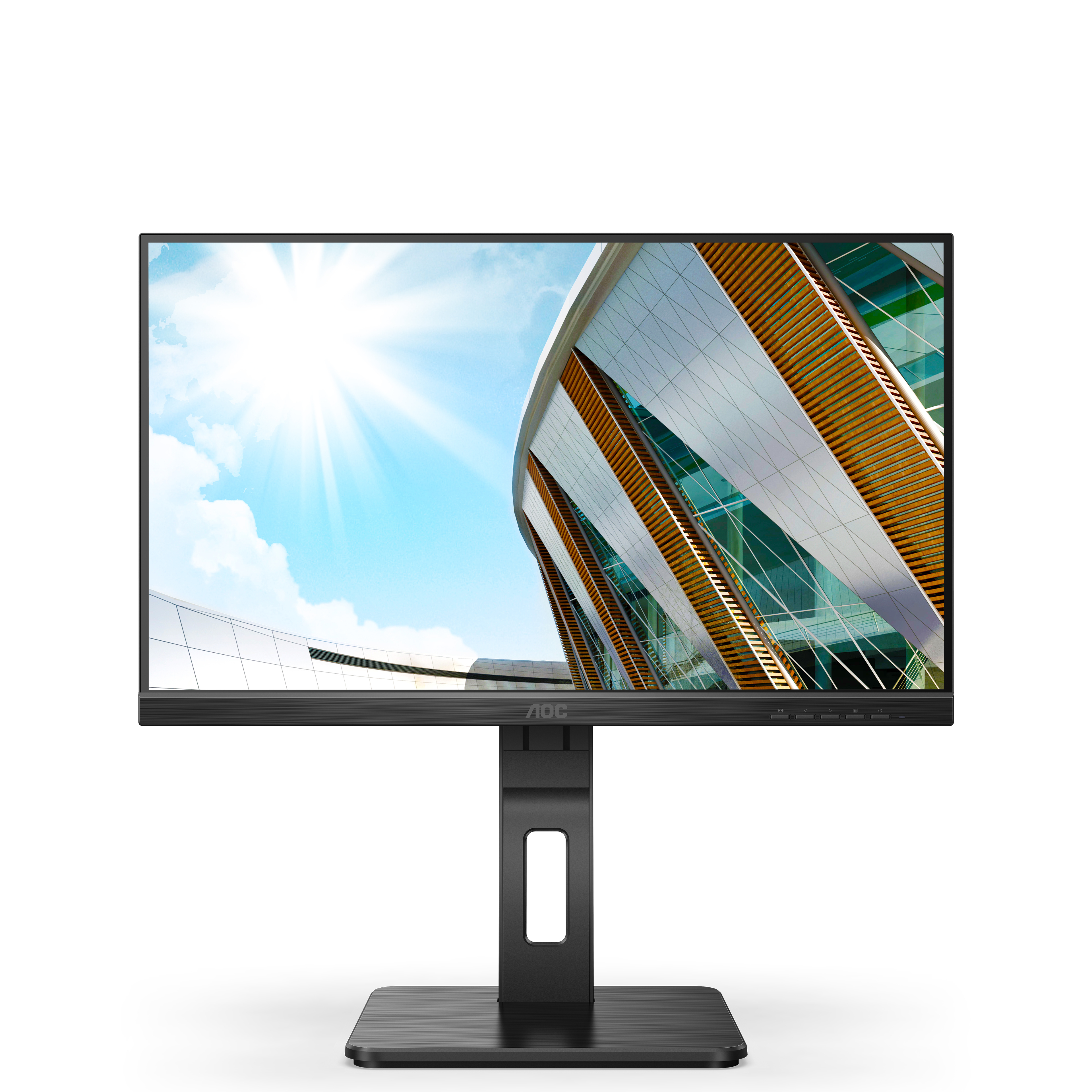 Un monitor negro que muestra un edificio moderno contra un cielo.