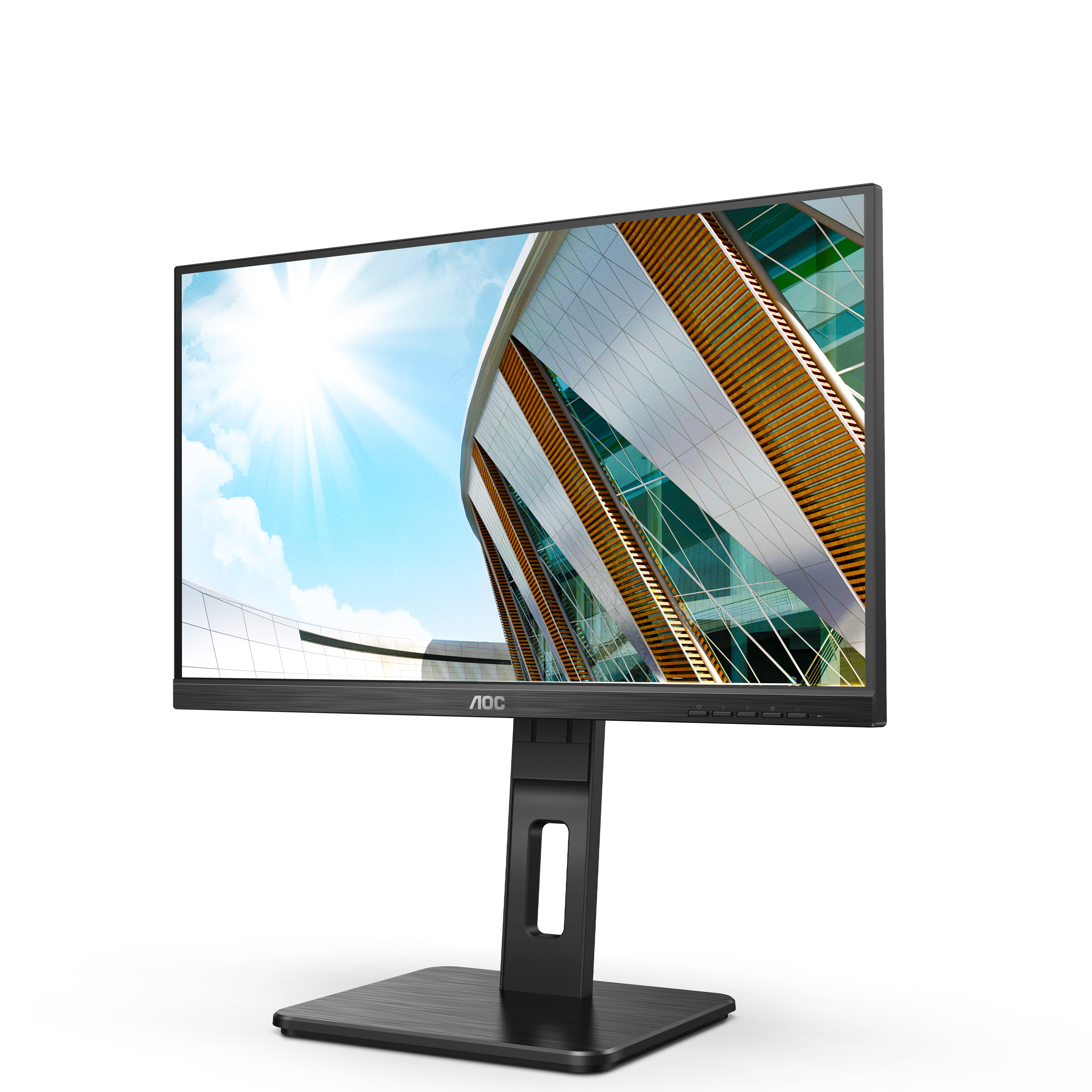 Monitor AOC que muestra un edificio moderno con cielo azul de fondo.