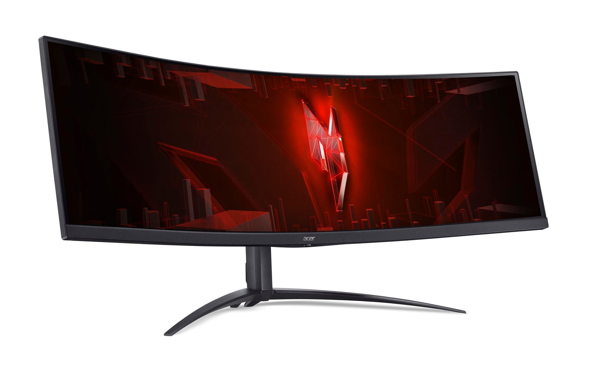 Zakrzywiony czarny monitor Acer z czerwonym logo na czarnym tle. Tło jest białe.