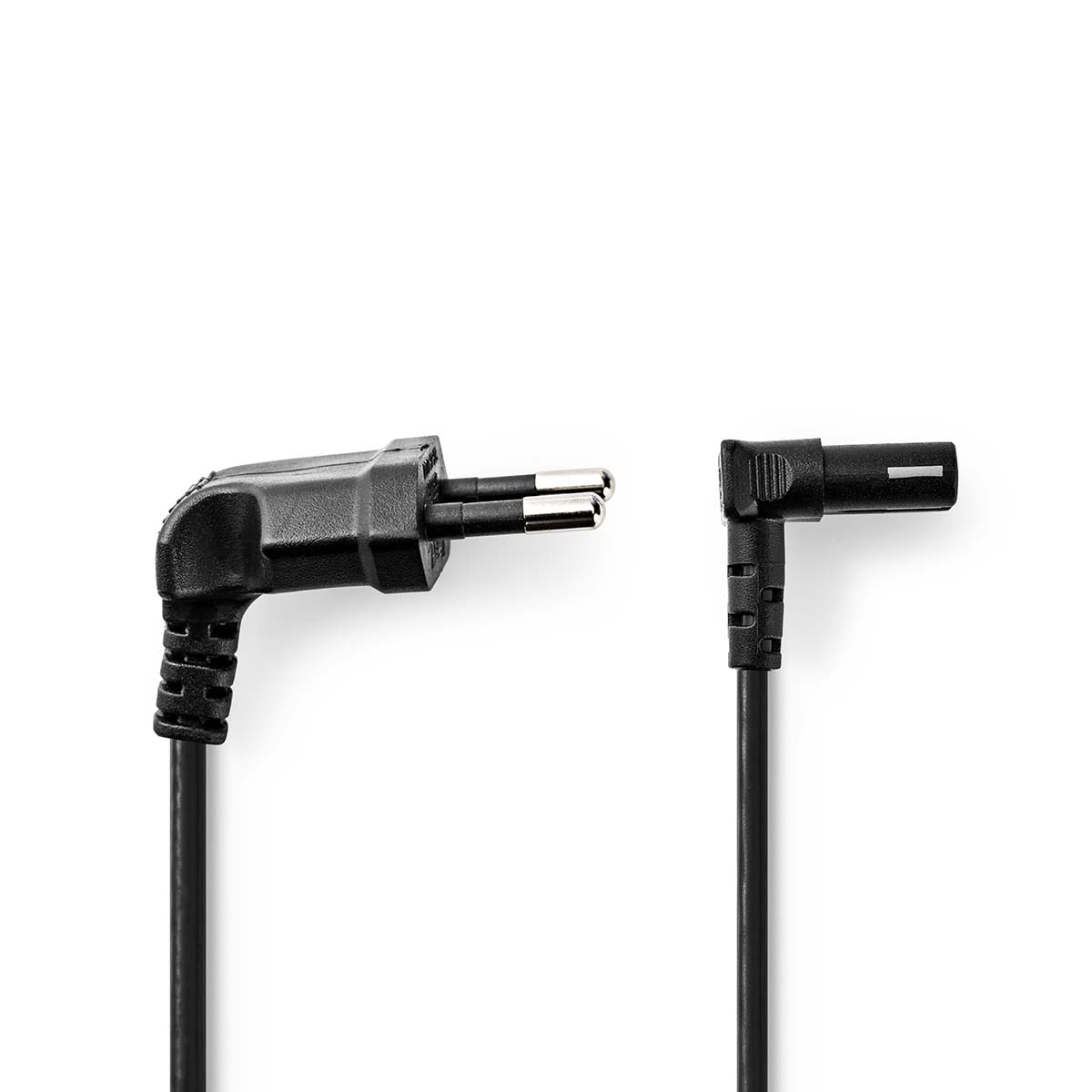 Black power cord with a right-angled plug and a straight connector. White background.