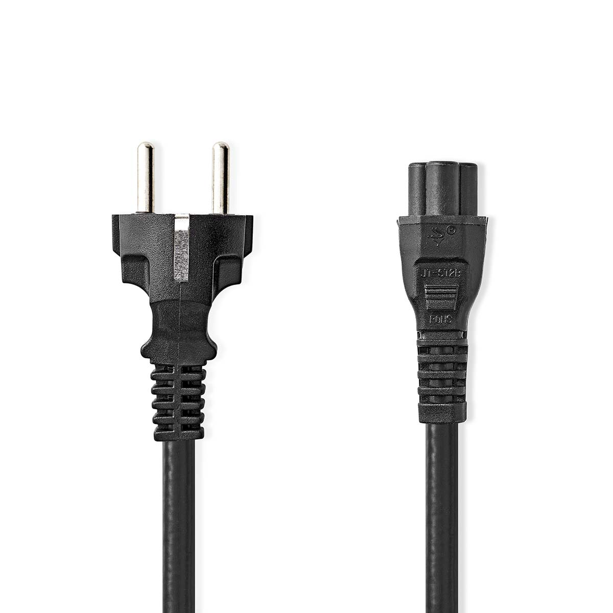 Black power cable with two ends on white background.