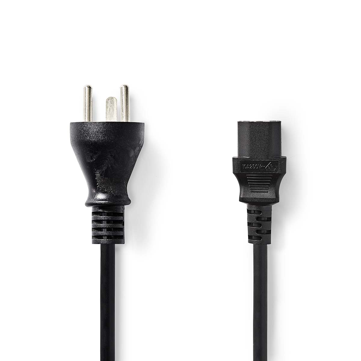 Cable de alimentación negro con enchufe europeo y conector IEC, blanco.
