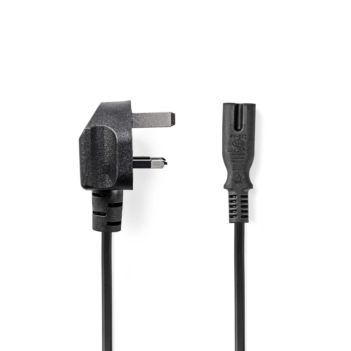 Black power cable with a UK plug and a straight socket.