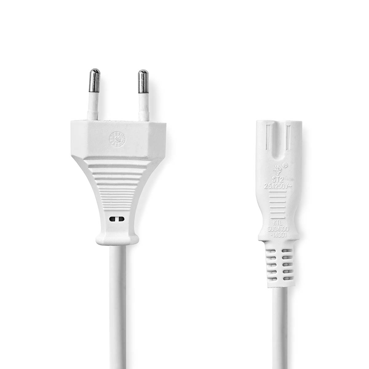 White power cable with a European plug and a C7 connector. White background.