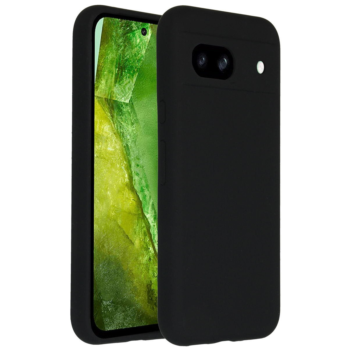 Zwarte telefoonhoes met een telefoon erin, met een groen scherm.