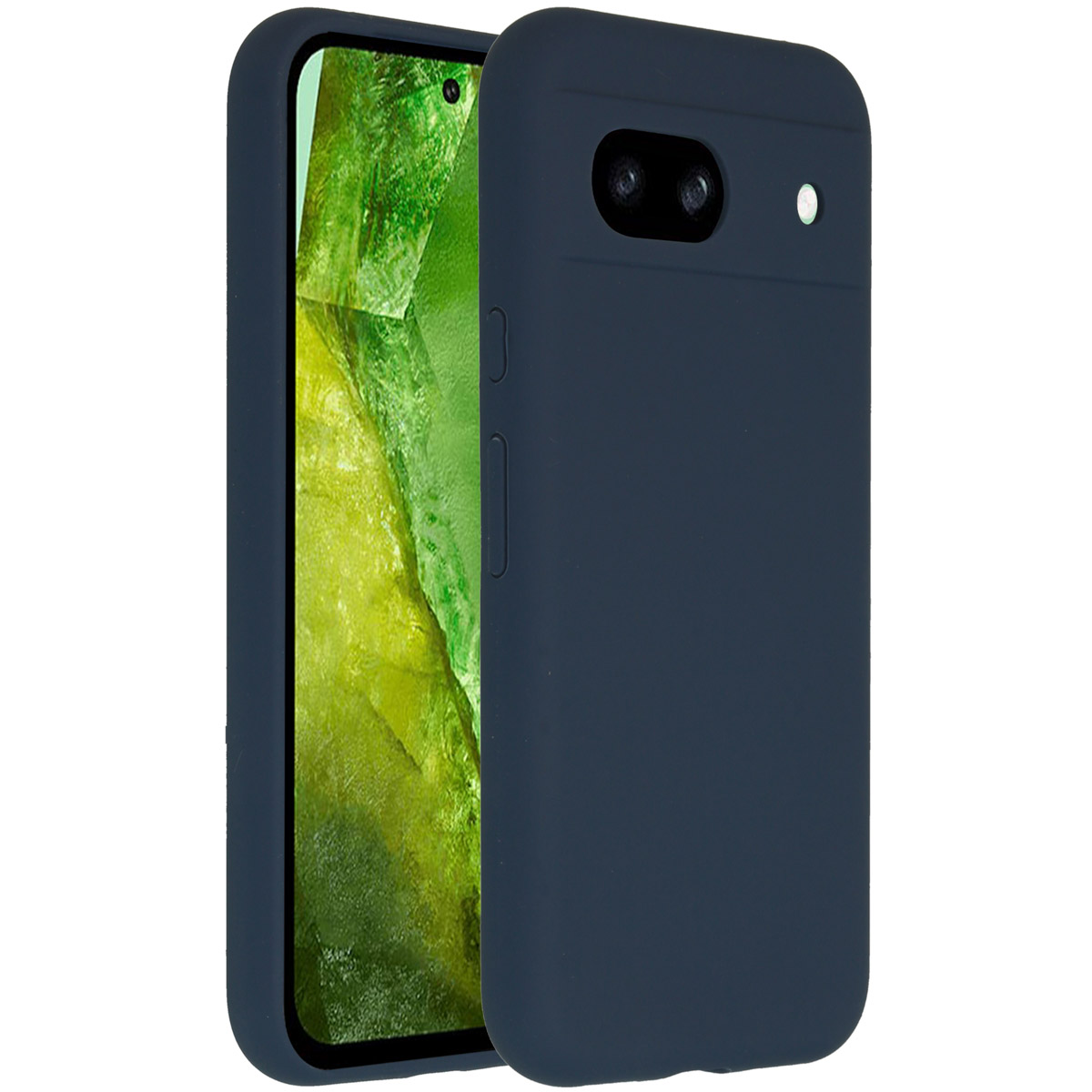 Donkerblauwe telefoonhoes met een telefoon erin, met een groen scherm.