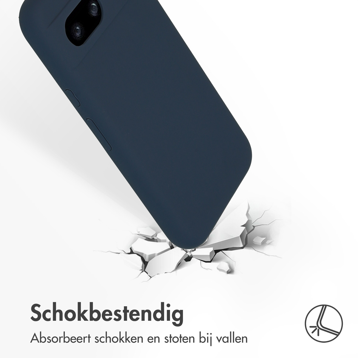 Donkerblauwe telefoonhoes breekt door witte ondergrond. Schokbestendig.