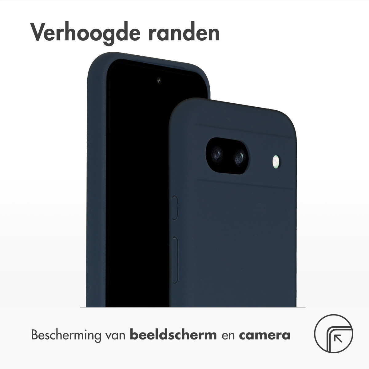 Een blauwe telefoonhoes, met verhoogde randen, wordt getoond naast een telefoon.