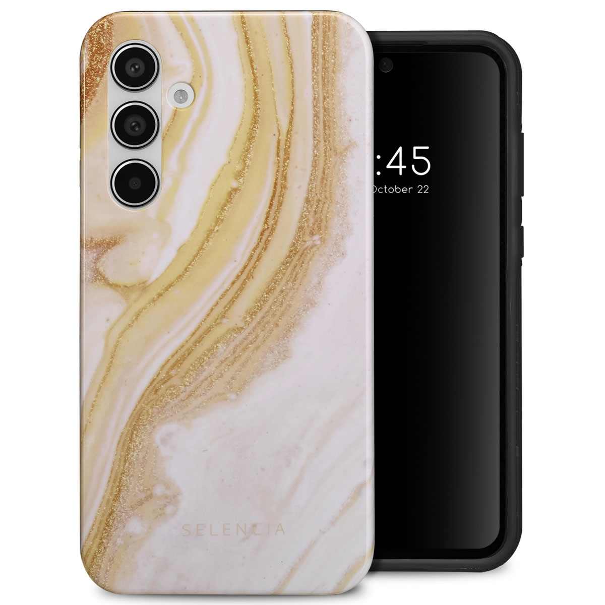 Een smartphone in een hoesje met een marmerpatroon. De hoes is licht met gouden strepen en de telefoon is zwart.