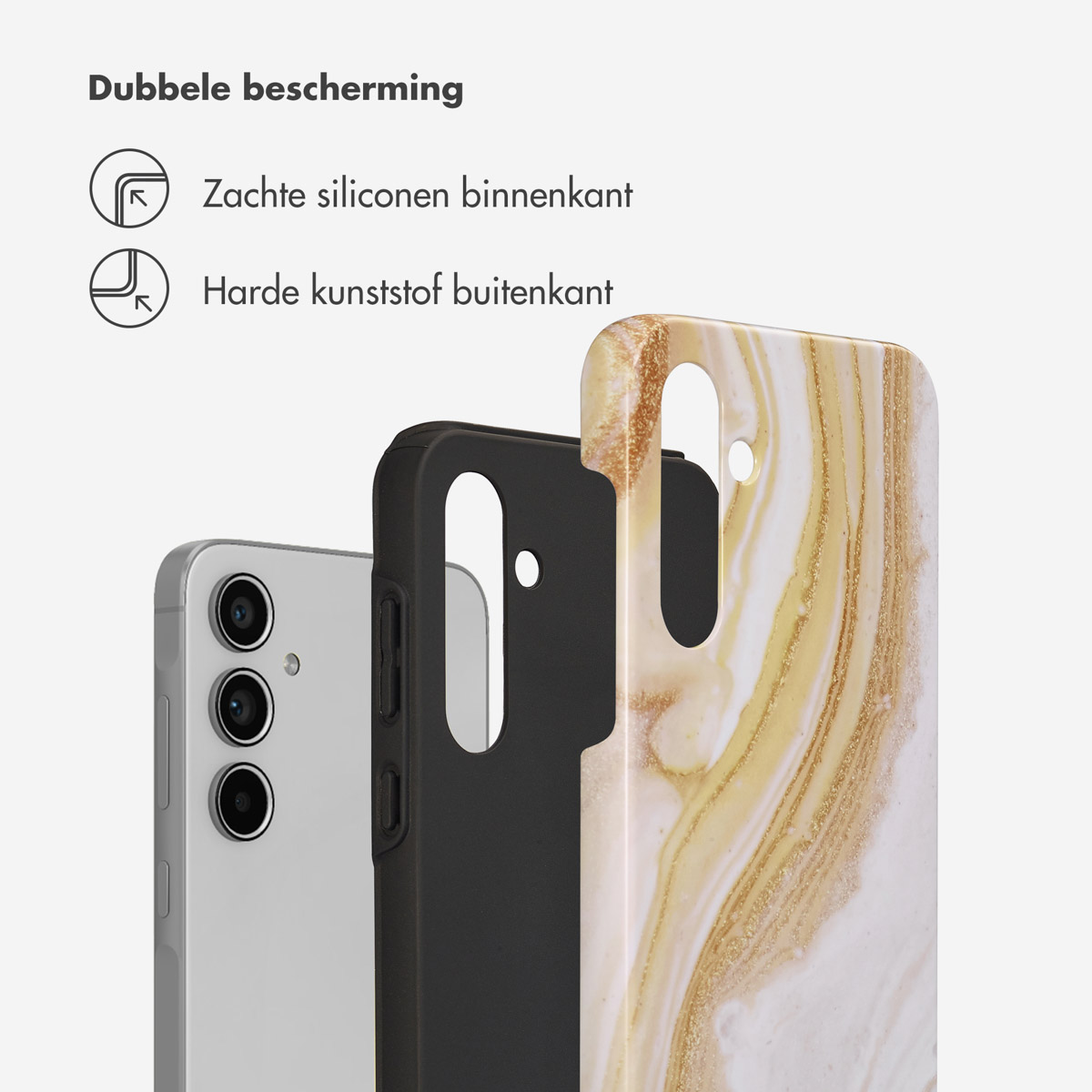 Telefoon in hoesje. De hoes is zwart van binnen, goud/wit van buiten. Tekst luidt 'Dubbele bescherming'.