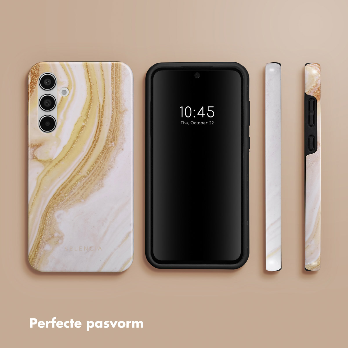 Een telefoon met een marmerpatroon hoesje, met andere hoesjes.