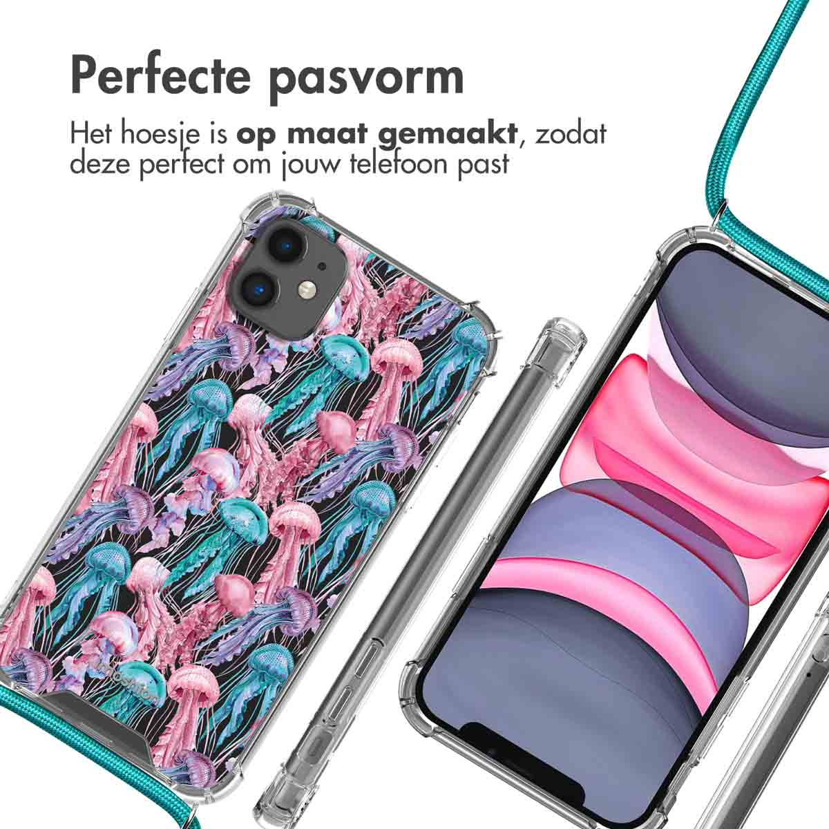 Deux coques de téléphone, une transparente avec un téléphone, l'autre avec un motif de méduses.
