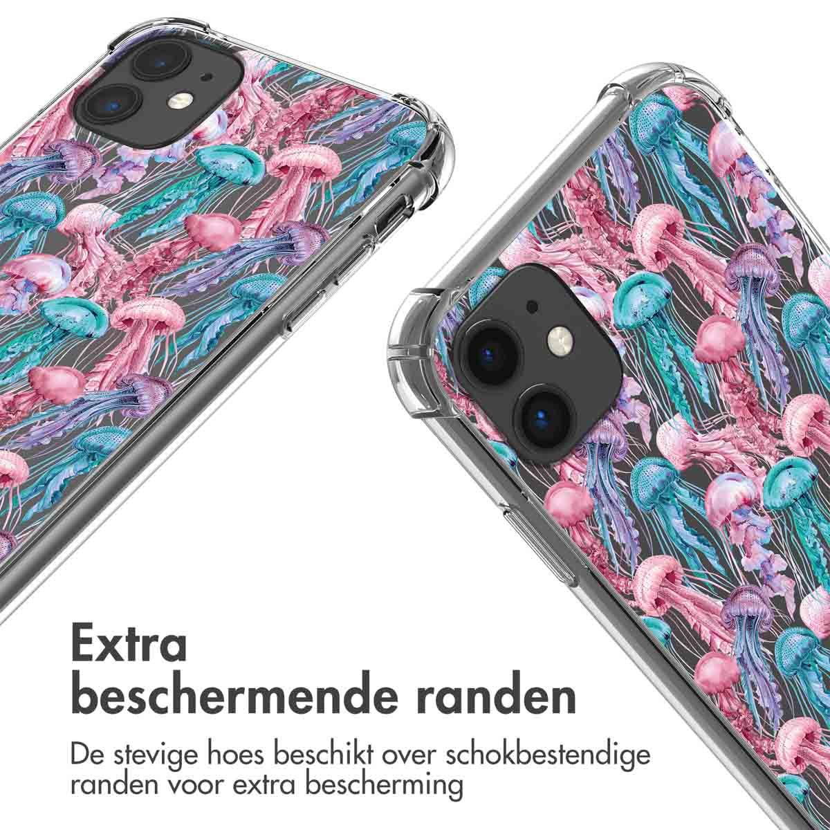 Coque de téléphone transparente avec un motif de méduses roses, bleues et violettes.