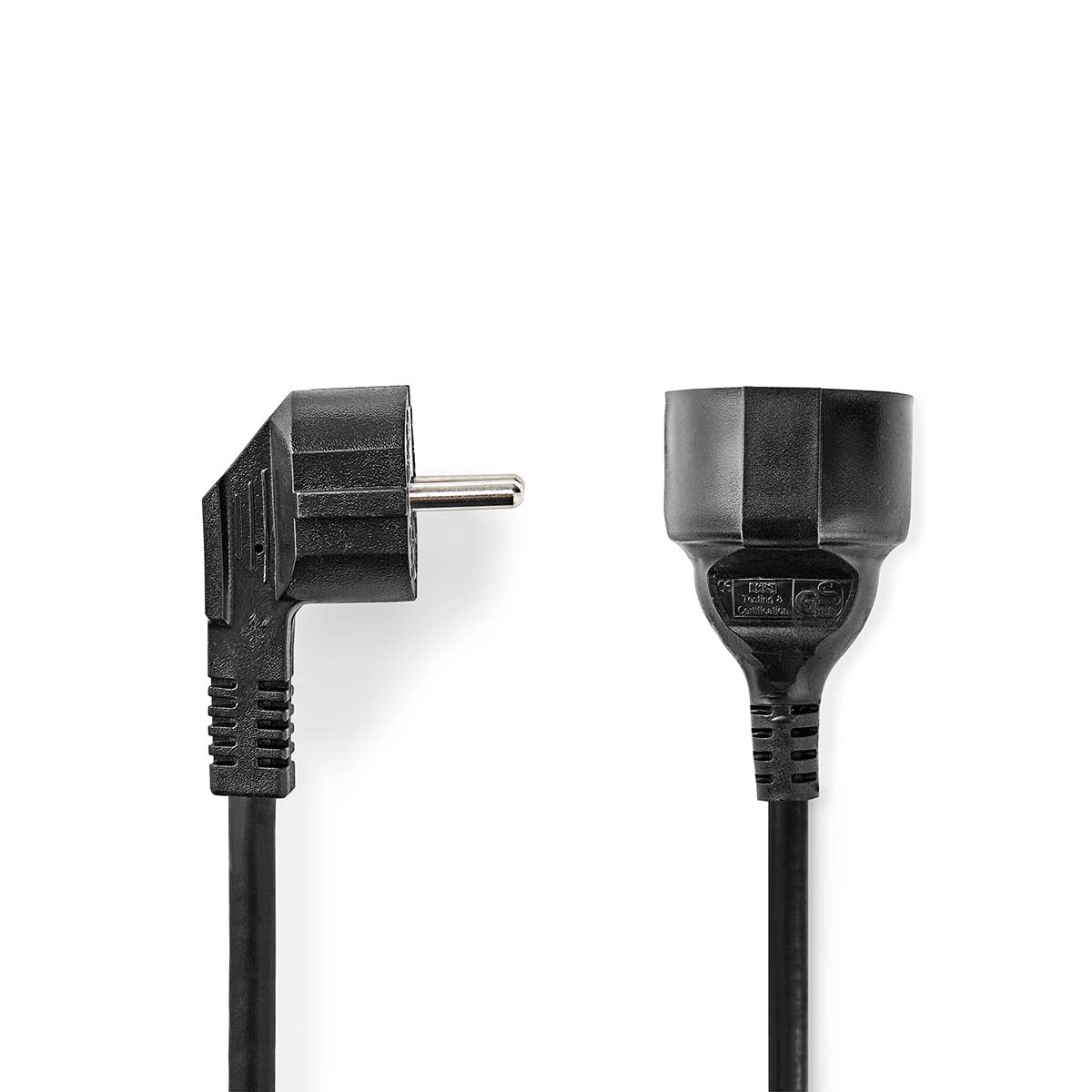 Black power cable with an angled plug and the other end.