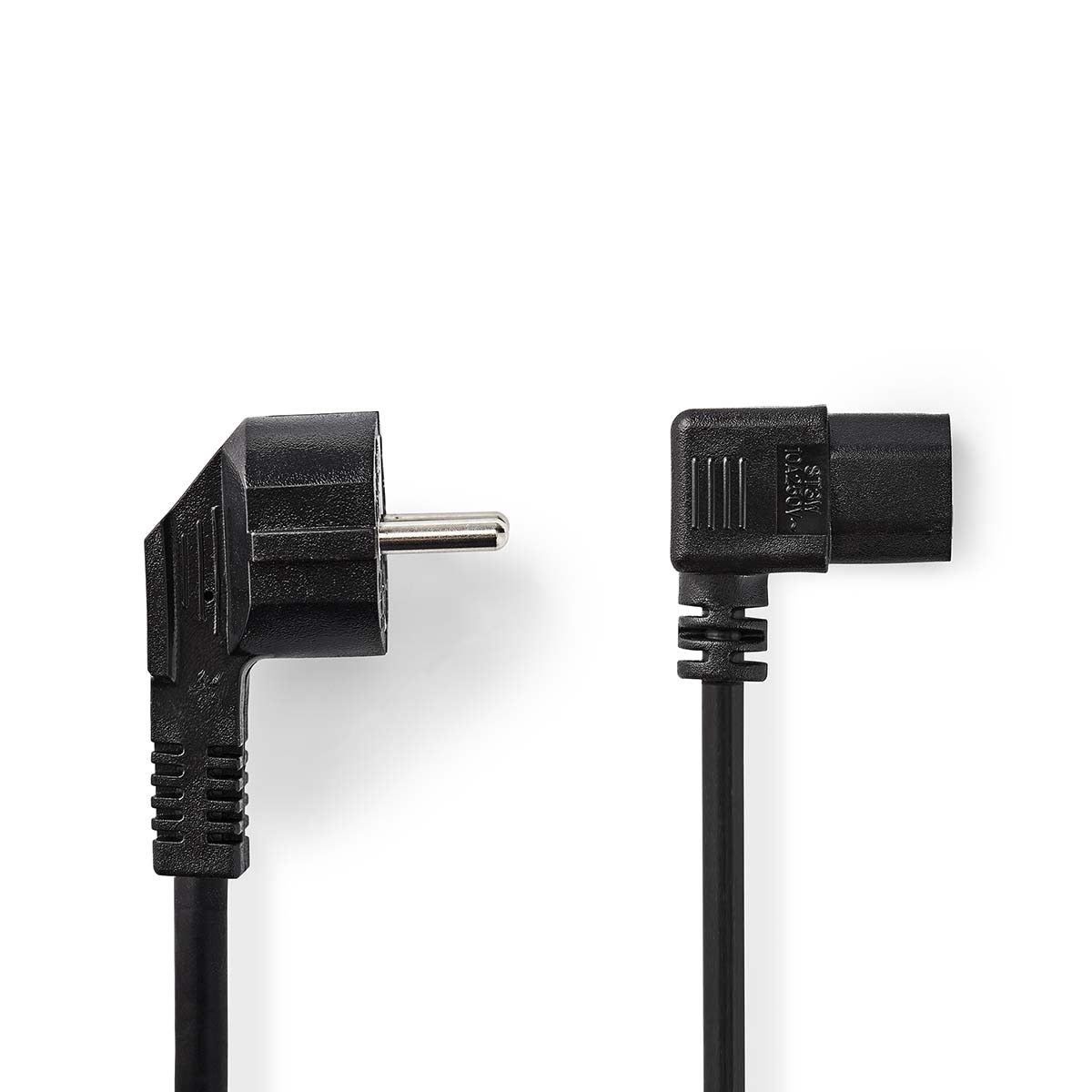 Black power cable with two different ends. One is a European plug, the other is a right-angled connector.