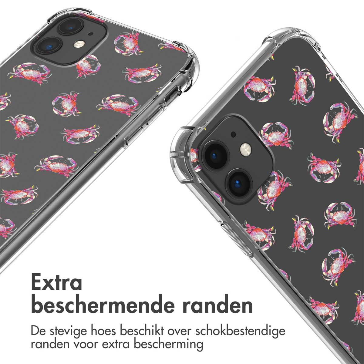 Coque de téléphone transparente avec motif de crabe rouge et découpe caméra.