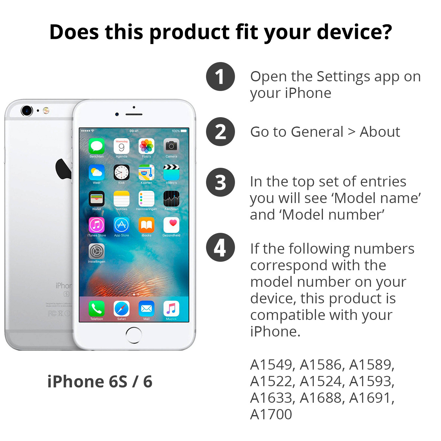 Das Bild zeigt ein iPhone mit Anweisungen: Einstellungen öffnen, zu Info gehen, Modellname/Nummer finden, Nummern für Kompatibilität abgleichen.