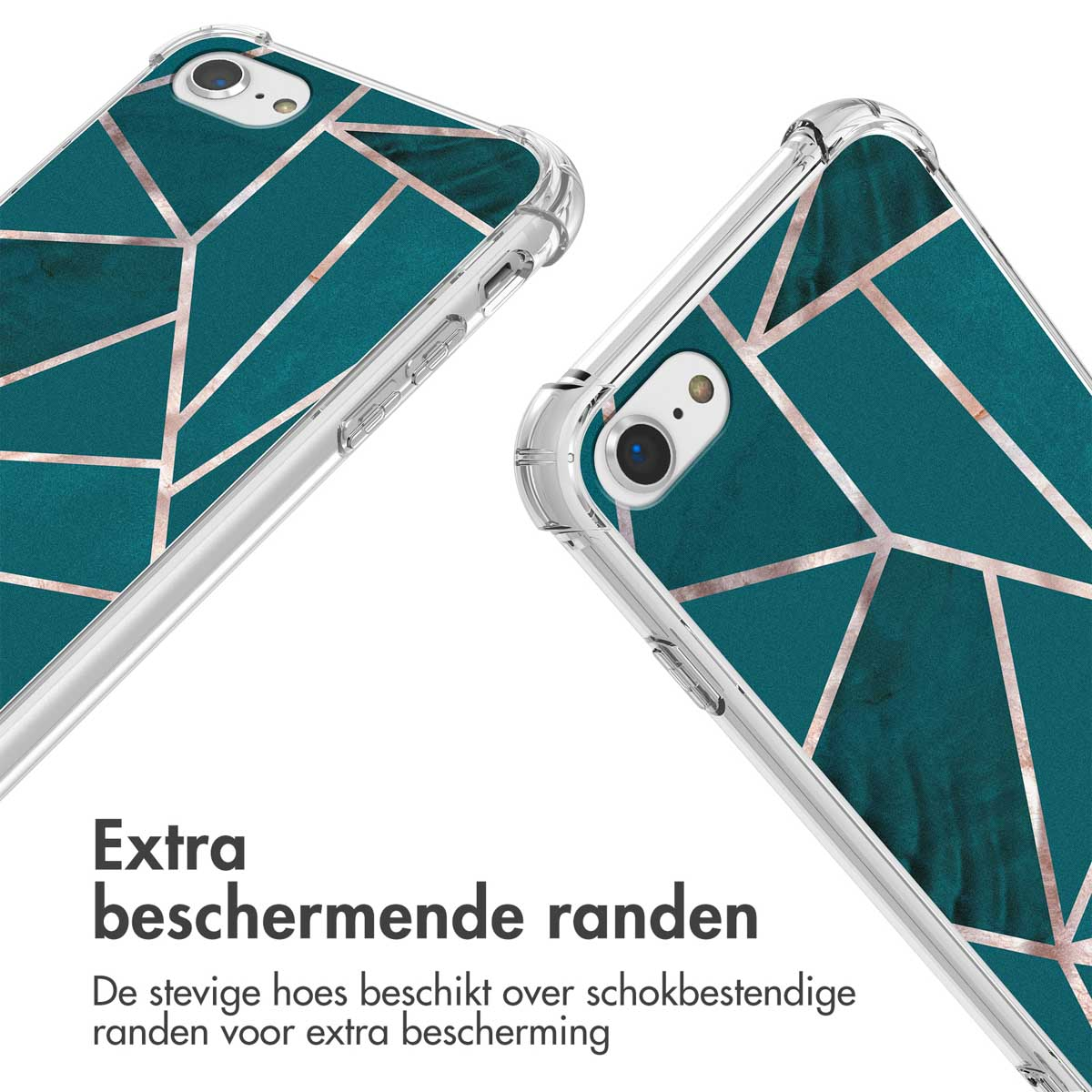 Twee iPhone hoesjes met geometrisch patroon in groenblauw en goud.