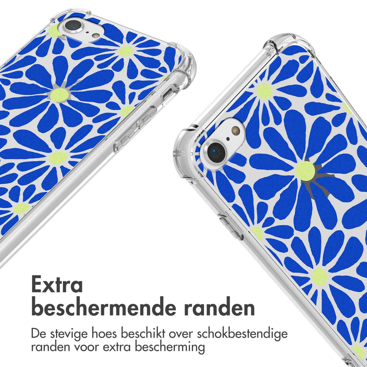 Doorzichtige hoes met blauw-gele bloemenprint op twee telefoons.
