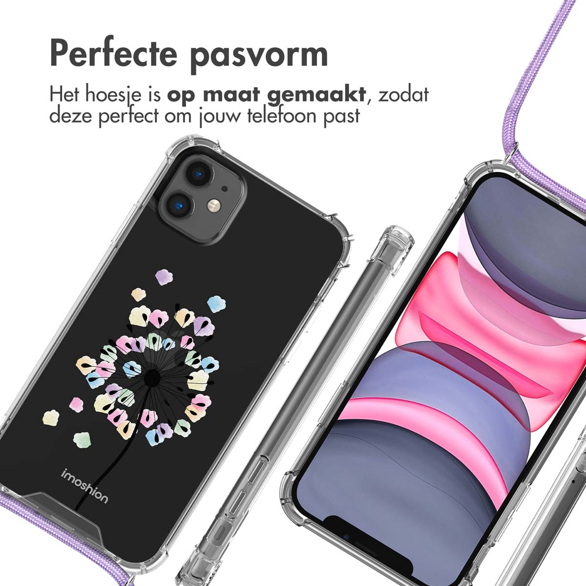 Coque de téléphone avec motif floral, fond blanc, côtés transparents et lanière violette.