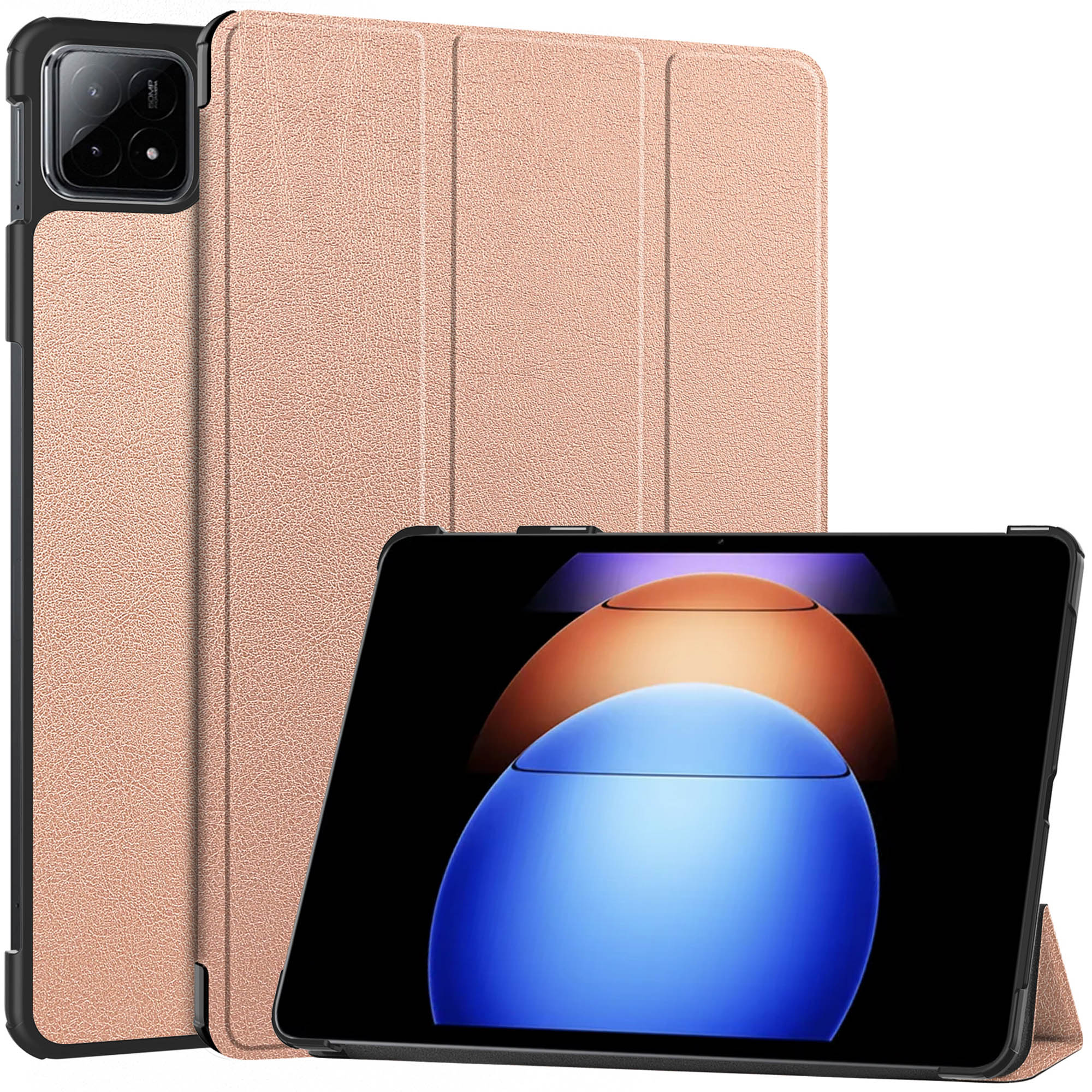 A tablet with a case and stand. The case is pink, and the screen shows an abstract image.