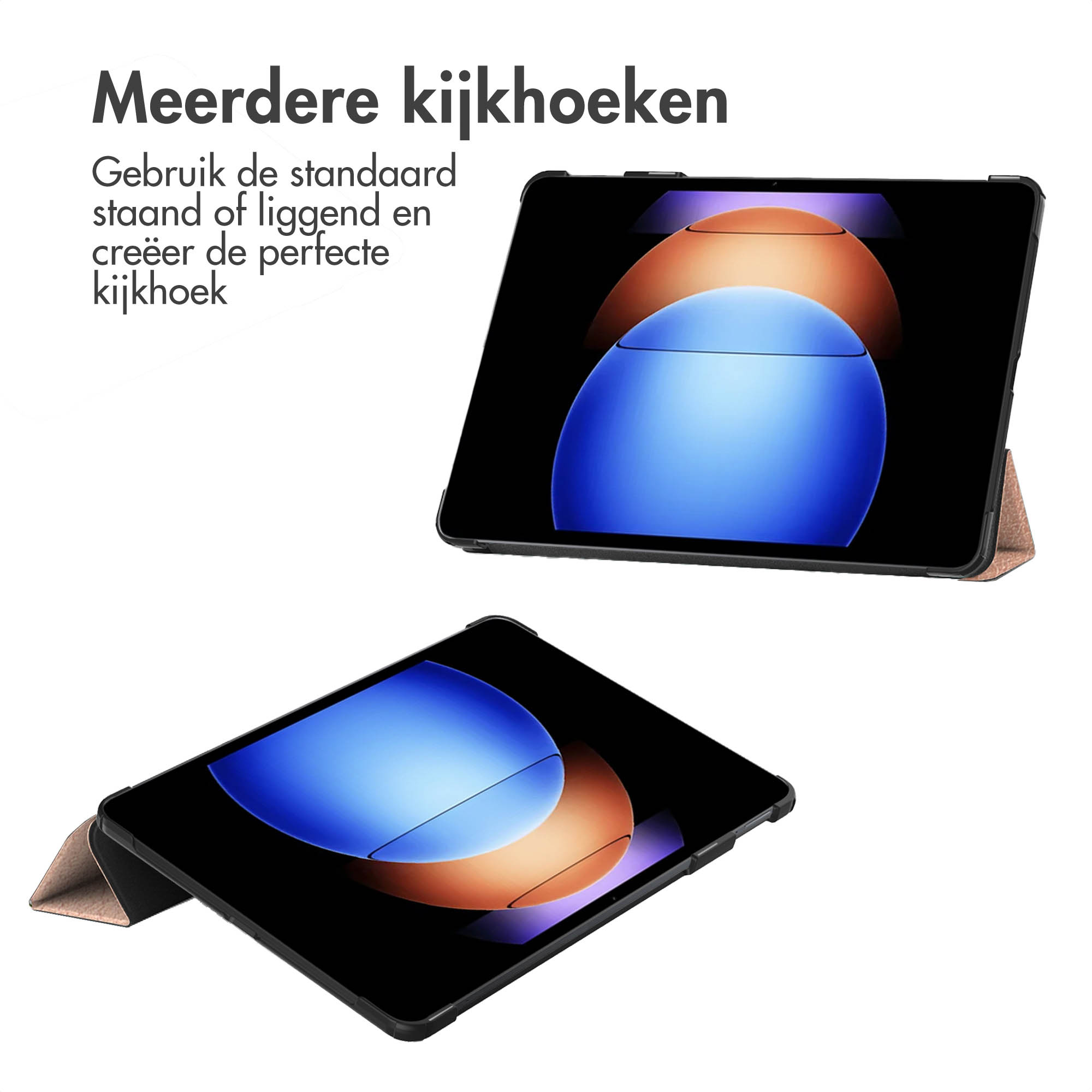 Two tablets in cases. One is open, showing a screen. The other is closed. Text says “multiple viewing angles”.