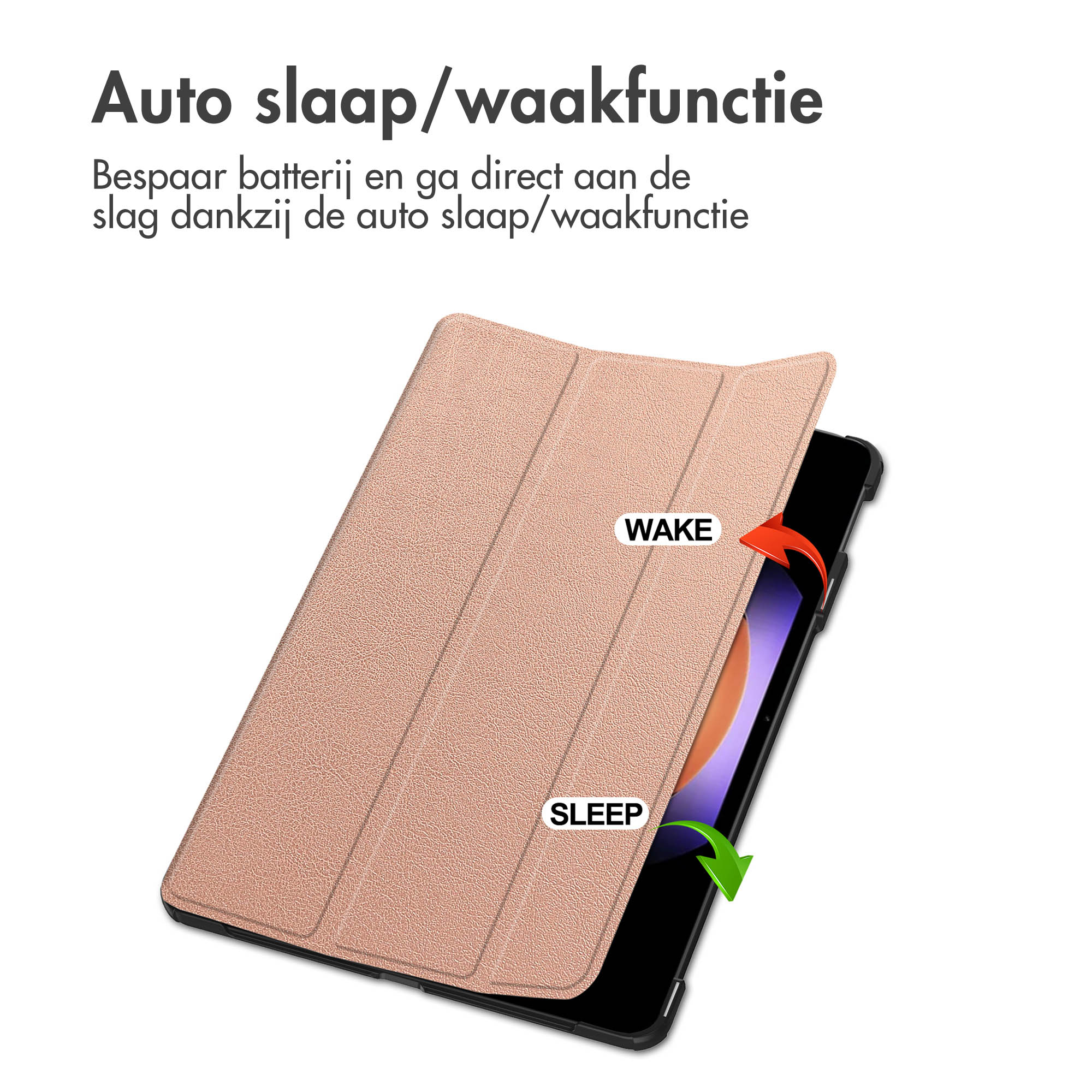 A pink tablet cover with the words 'WAKE' and 'SLEEP', over a tablet screen.