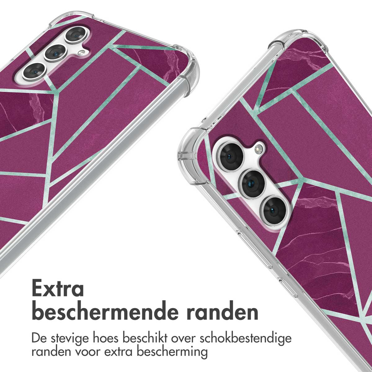 Paarse telefoonhoes met geometrisch patroon en marmeraccenten.