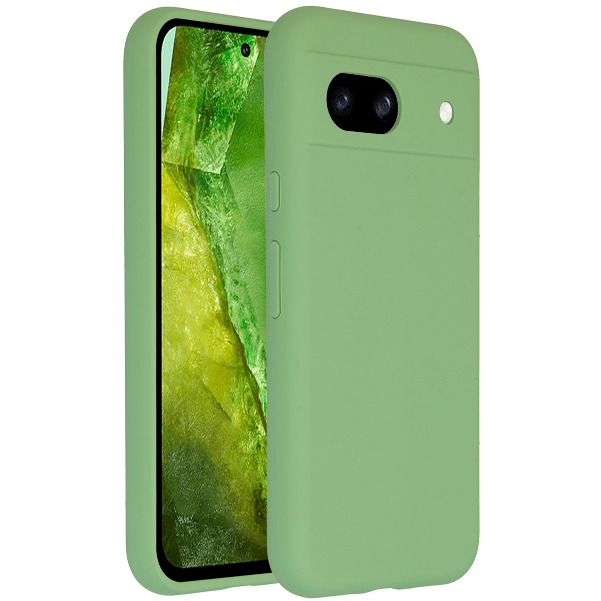 Een groene telefoonhoes bedekt een telefoon, het scherm is niet zichtbaar. De hoes heeft cameragaten.