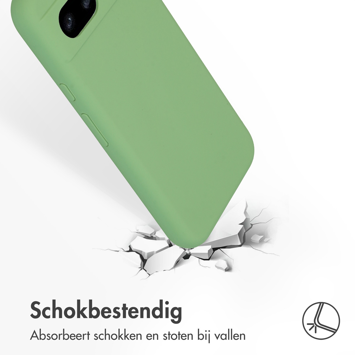 Een groene telefoonhoes scheurt een wit oppervlak. De afbeelding staat op een witte achtergrond.