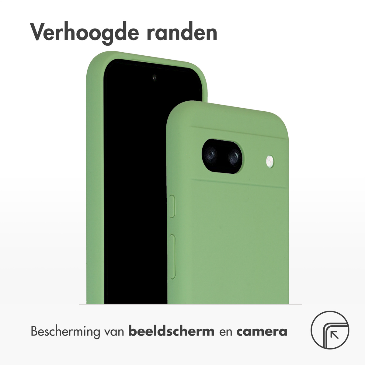 Twee groene telefoonhoesjes op witte achtergrond, één met telefoon erin, tekst: 'Verhoogde randen'.
