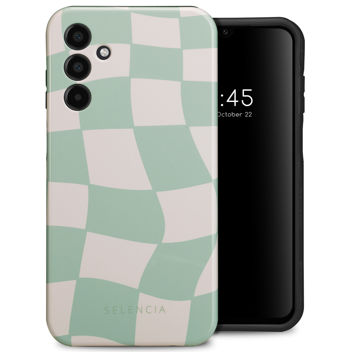 Een telefoon met een groen en wit geblokt hoesje, en andere hoesjes.