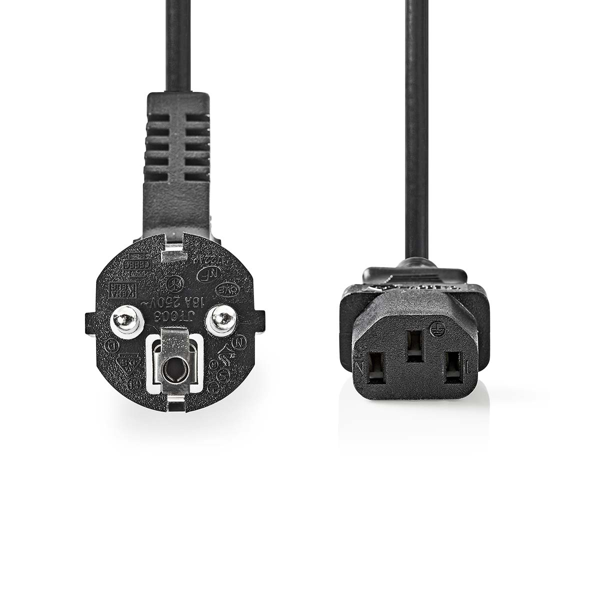 Zwarte stroomkabel met een C13-connector en een Britse stekker.