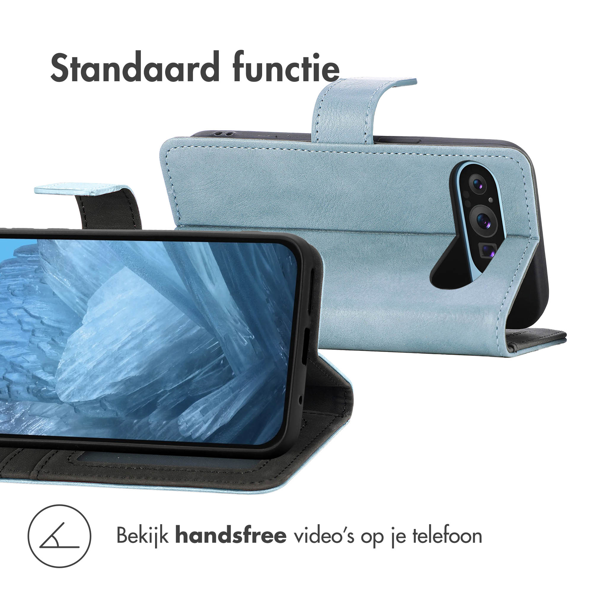 Een blauwe telefoonhoes met standaardfunctie en een telefoon met ijzige achtergrond.