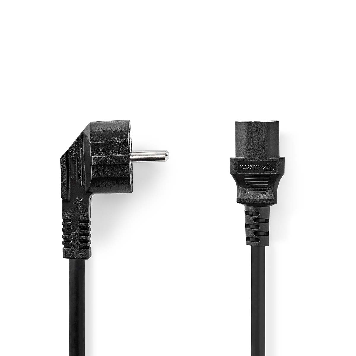 Een zwart netsnoer met een haakse stekker en een rechte contactdoosconnector.
