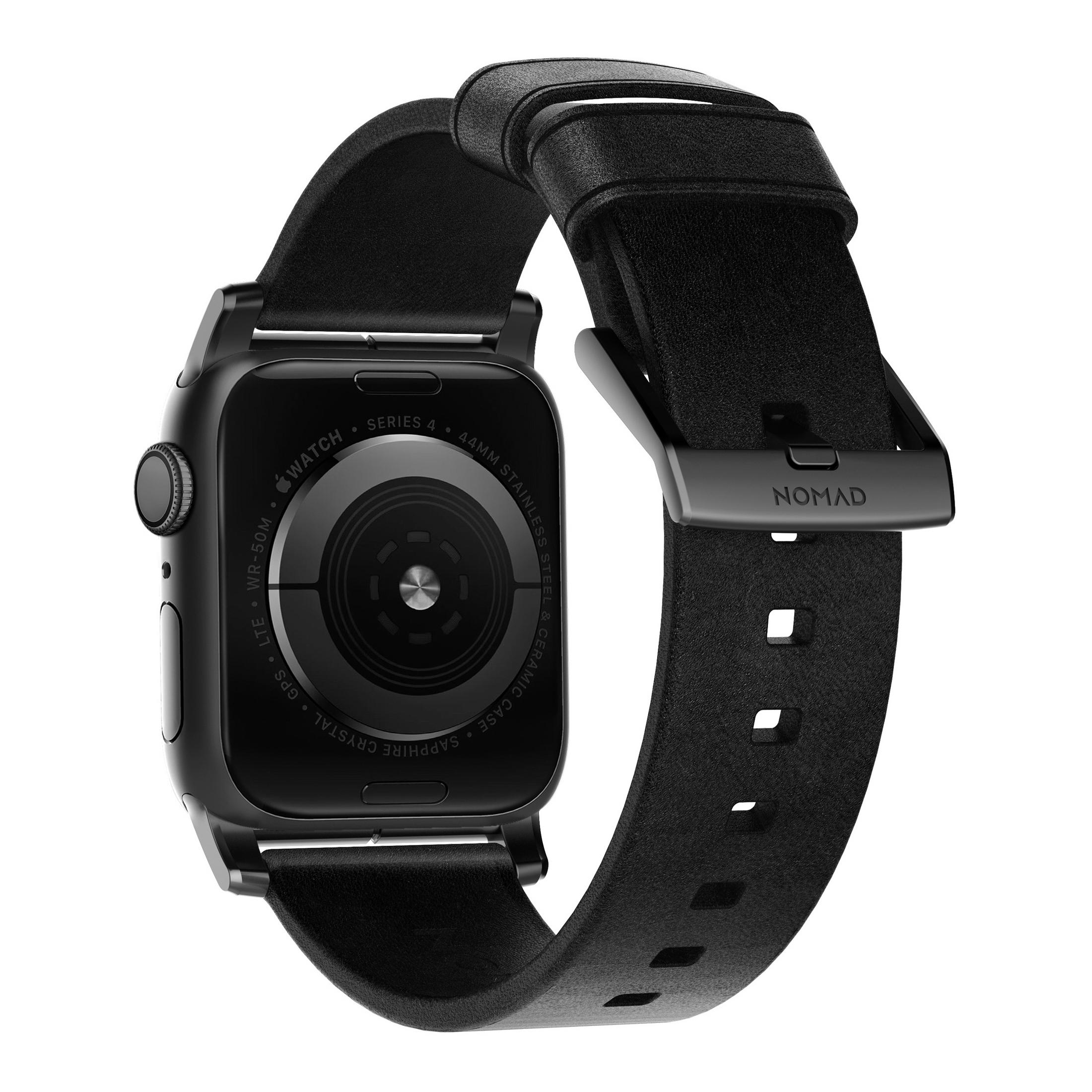 Schwarze Smartwatch mit schwarzem Lederarmband. Rückseite der Uhr.