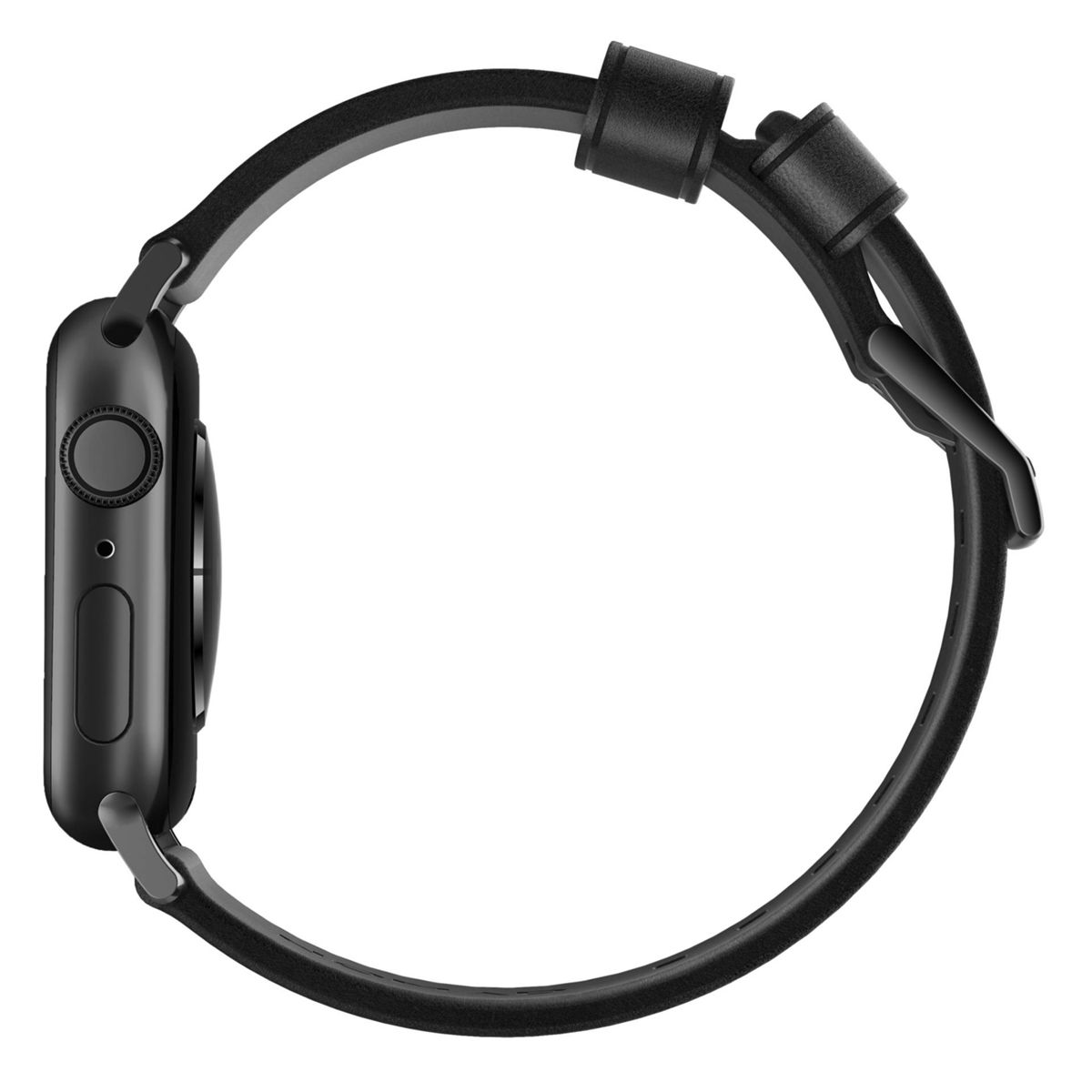 Schwarze Smartwatch mit schwarzem Armband, Seitenansicht, Details der Uhr.